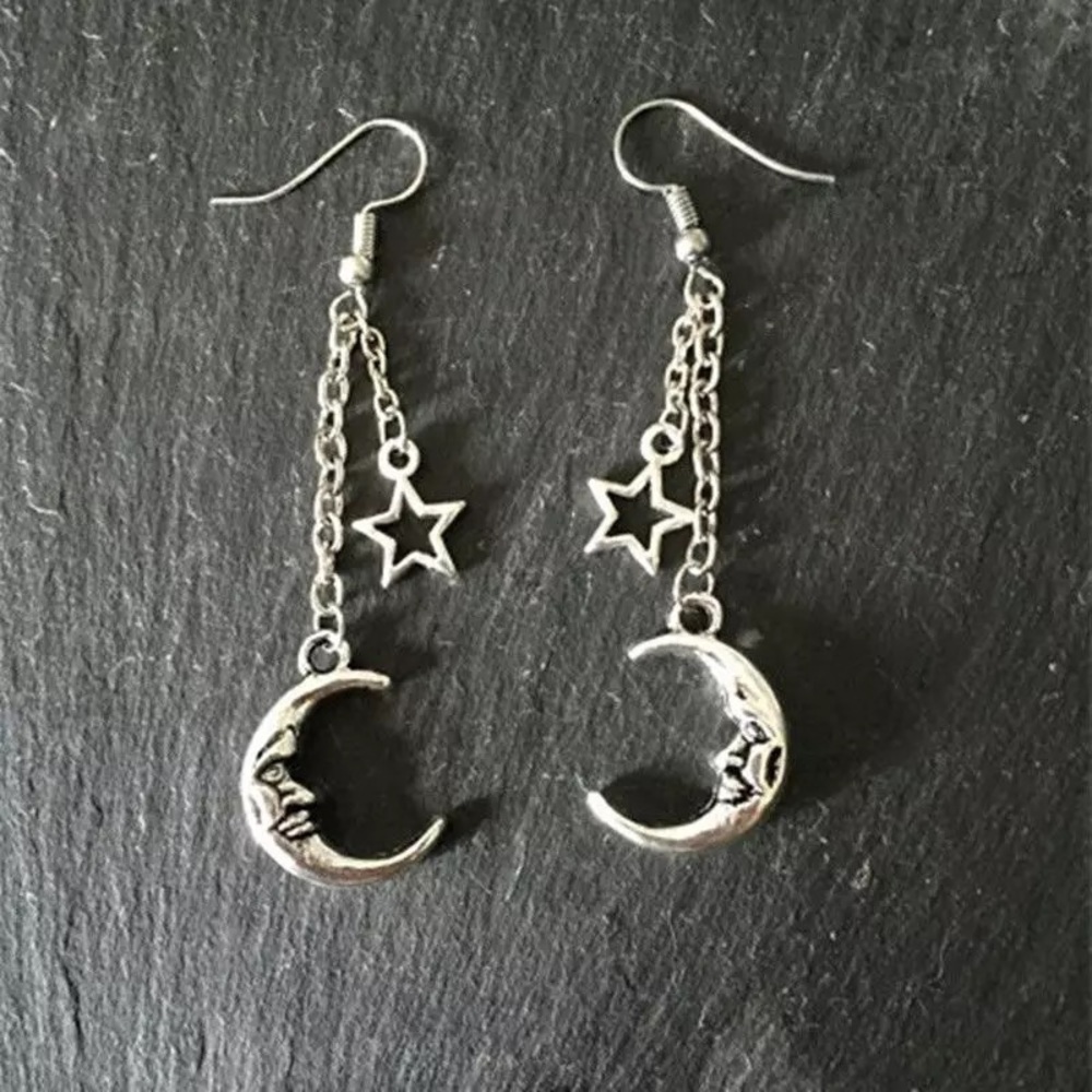Crescent moon star silver earrings